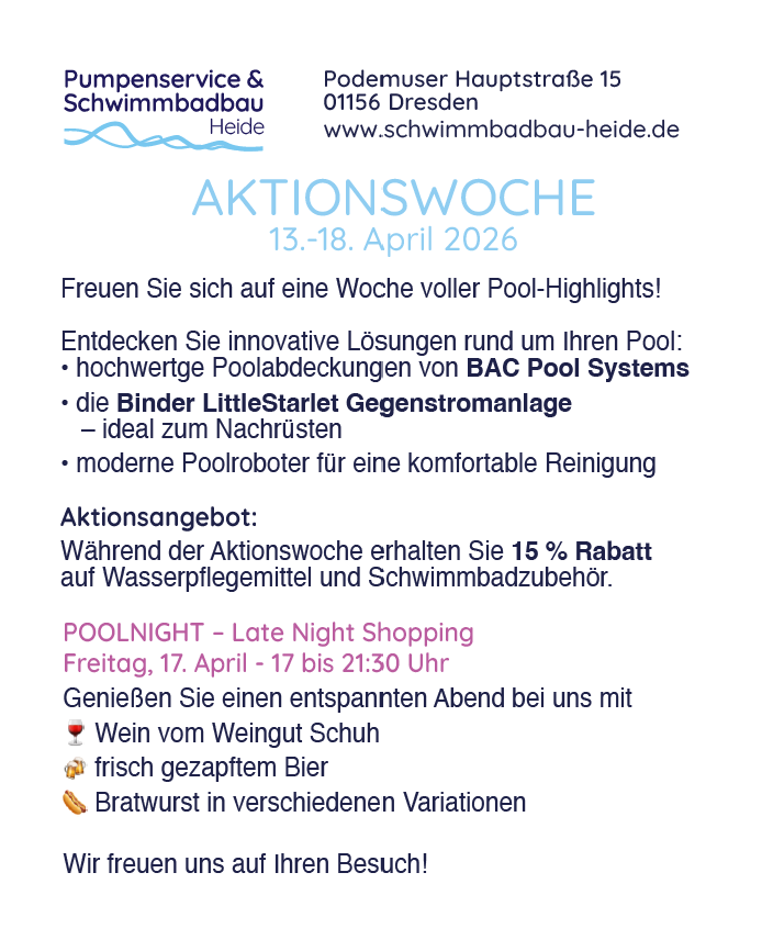 Aktionswoche 13.–18. April 2026 – Pumpenservice & Schwimmbadbau Heide